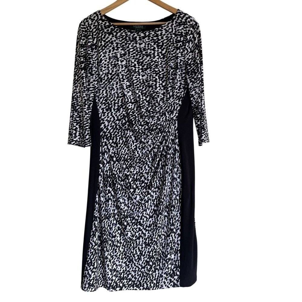 Lauren Ralph Lauren Black Cream 3/4 Sleeve Ruched Stretch Dress Round Neckline